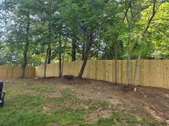 Wood privacy fence along a wooded property line